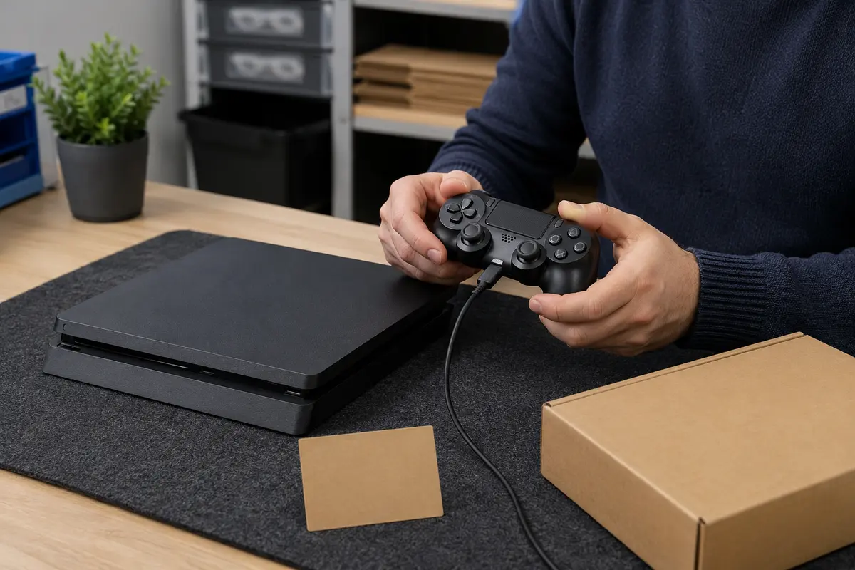 Technische controle van een tweedehands PS4-controller naast de console