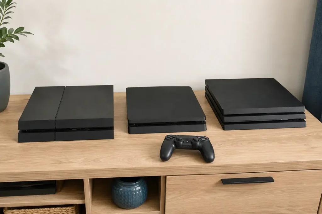Drie tweedehands PS4-modellen naast elkaar: Original, Slim en Pro