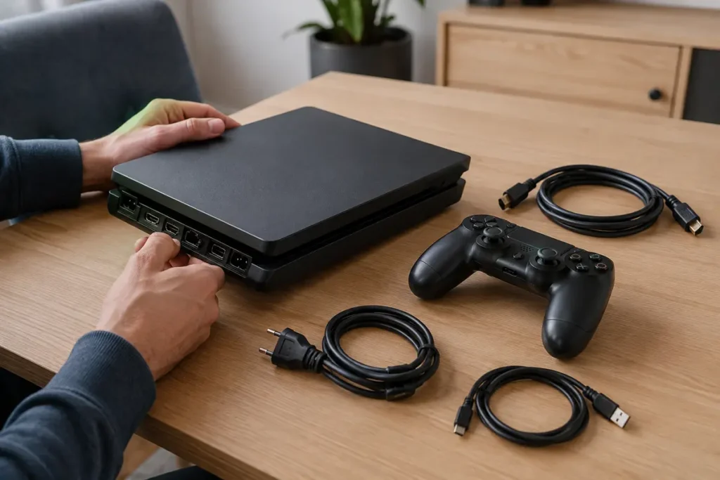 Tweedehands PlayStation 4 met controller en kabels wordt gecontroleerd